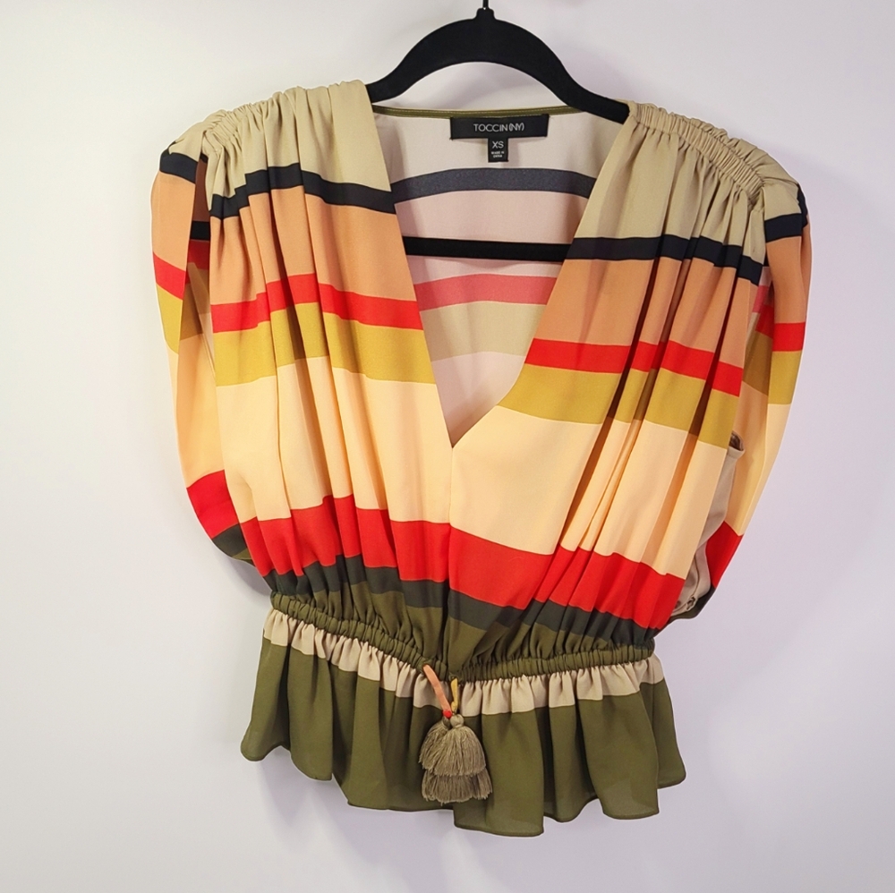Toccin ny Women's Multicolor green red Striped‎ Top drawstring waist size xsmall